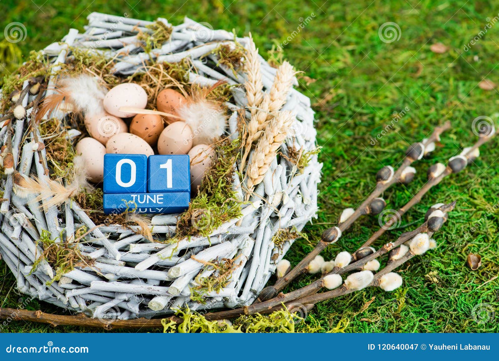 Easter Eggs in Nest Over Green Moss Stock Image - Image of colorful