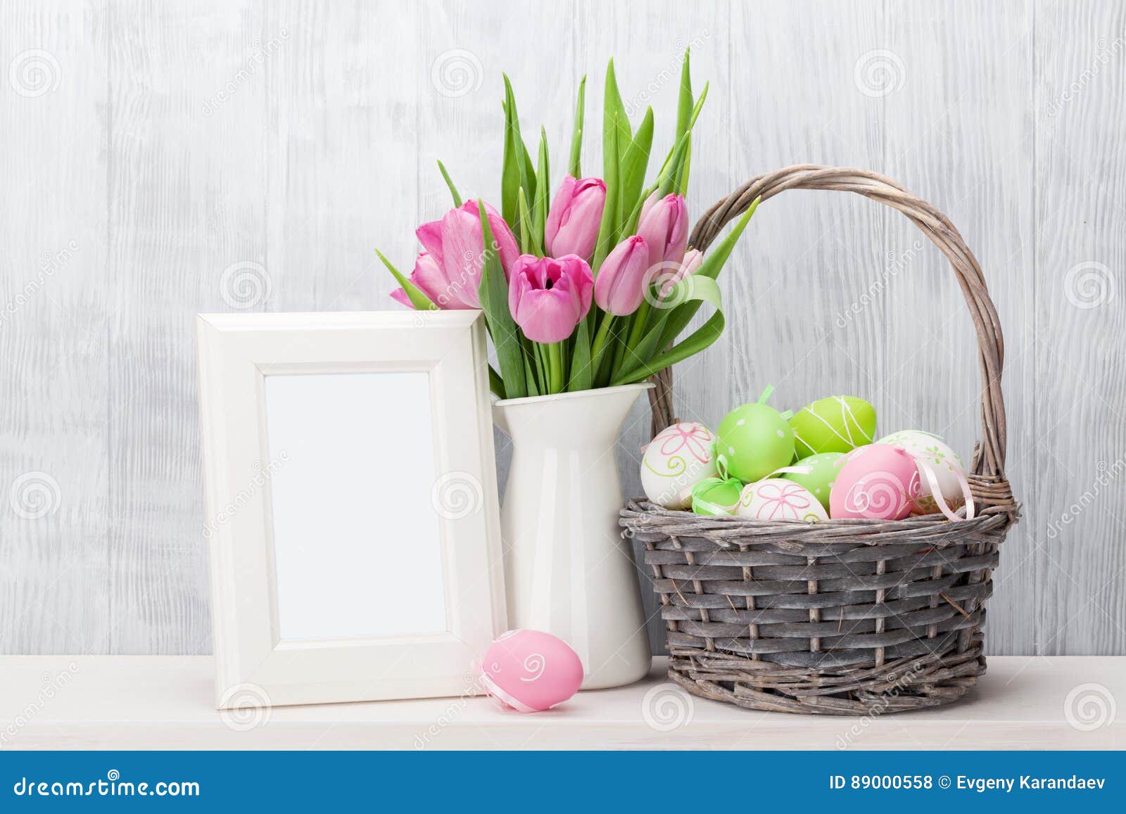 Easter Eggs, Photo Frame and Pink Tulips Stock Photo - Image of ...