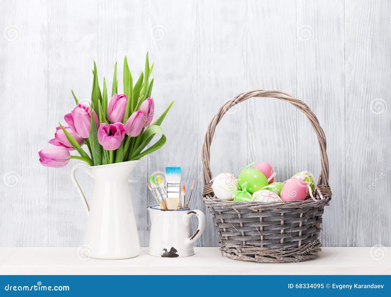Easter Eggs and Pink Tulips Bouquet Stock Image - Image of natural ...