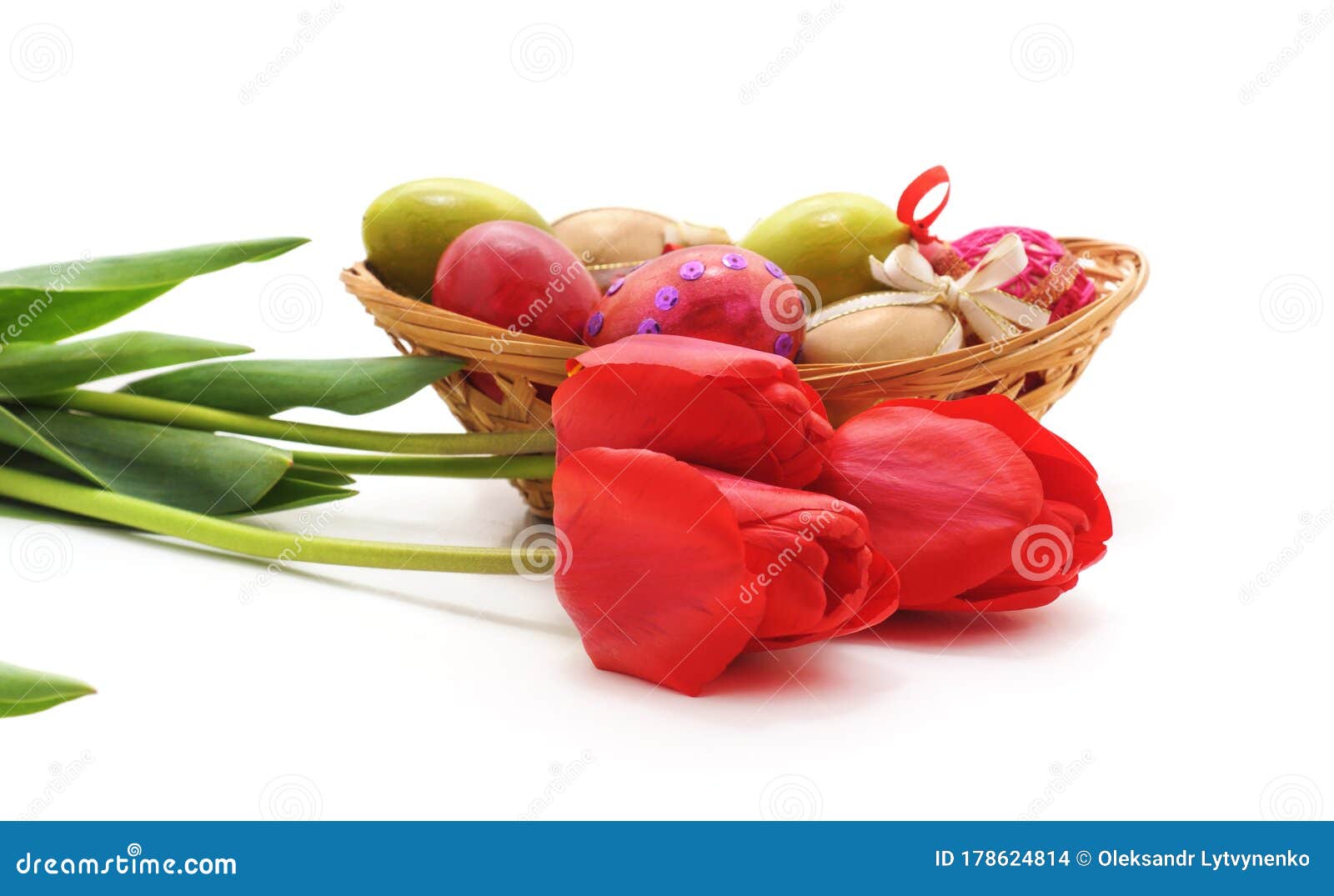 Easter eggs and red tulips stock photo. Image of nature 178624814