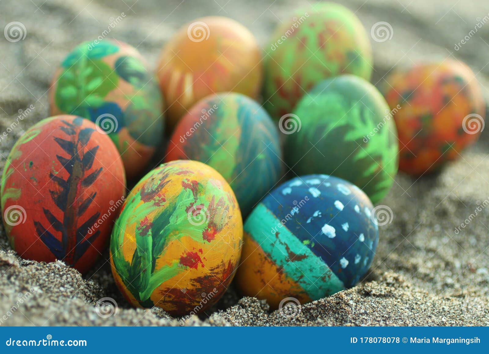 Easter Eggs on Sands. Easter Holiday in the Beach Stock Photo Image