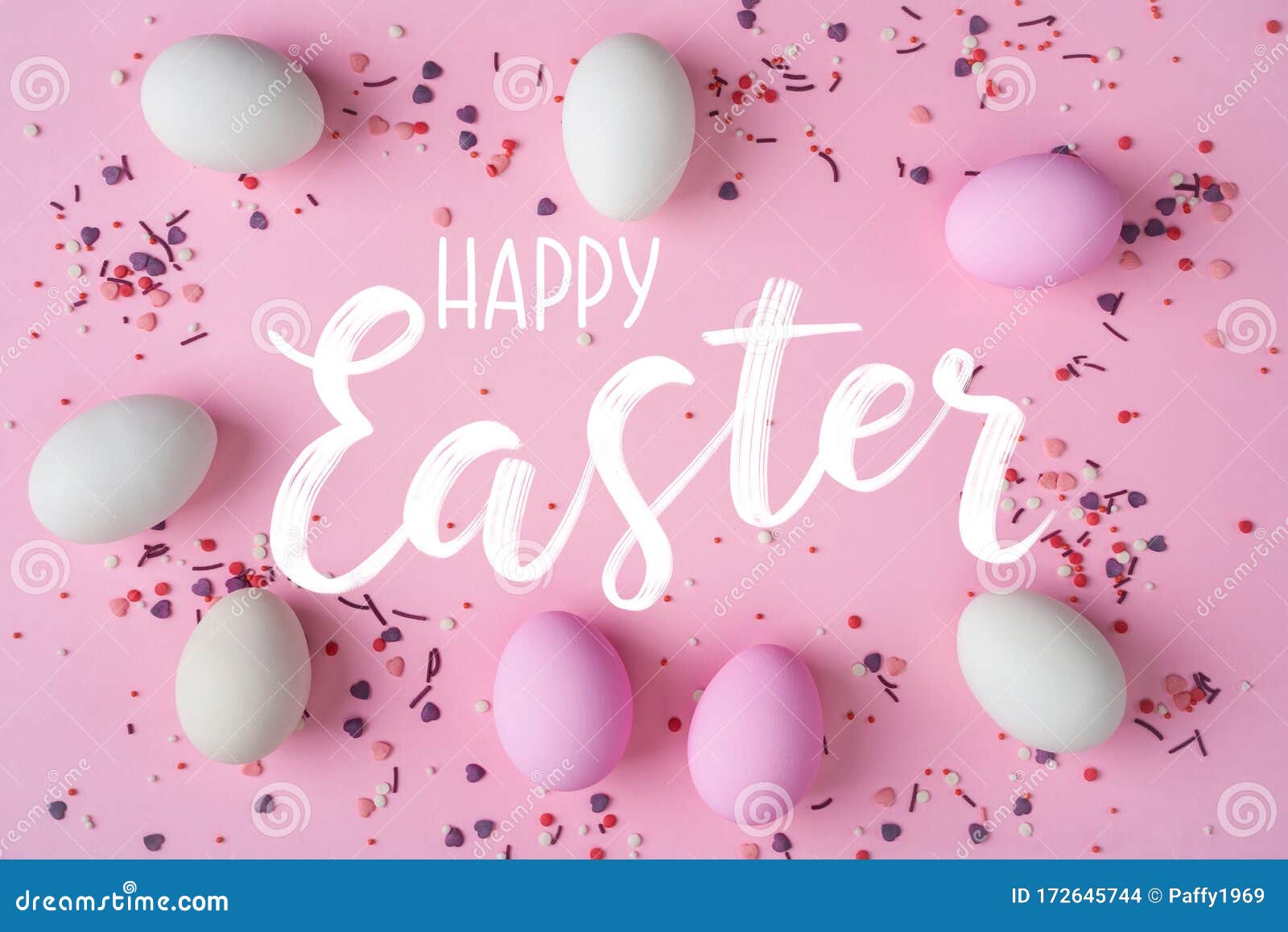 Easter Eggs Scattered on Pink Background with Copy Space Above Stock ...