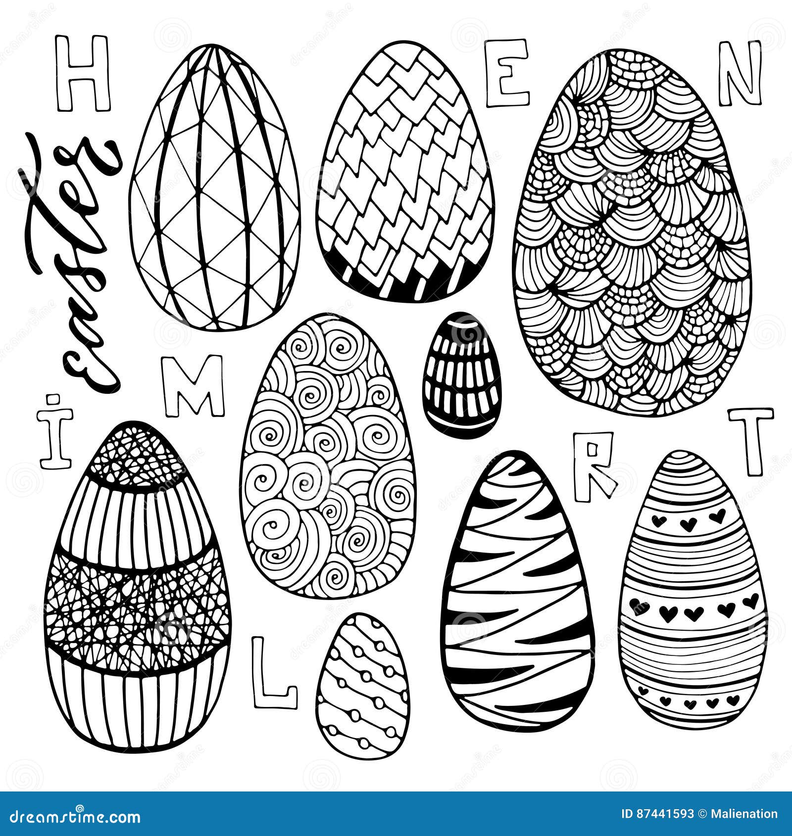 Easter Eggs Set in Doodle Style. Holiday Collection for Greeting Card