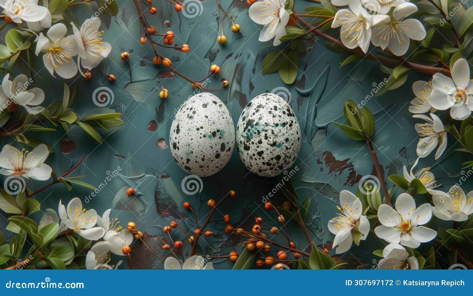 easter eggs and spring flowers on green background. top view, copy space.