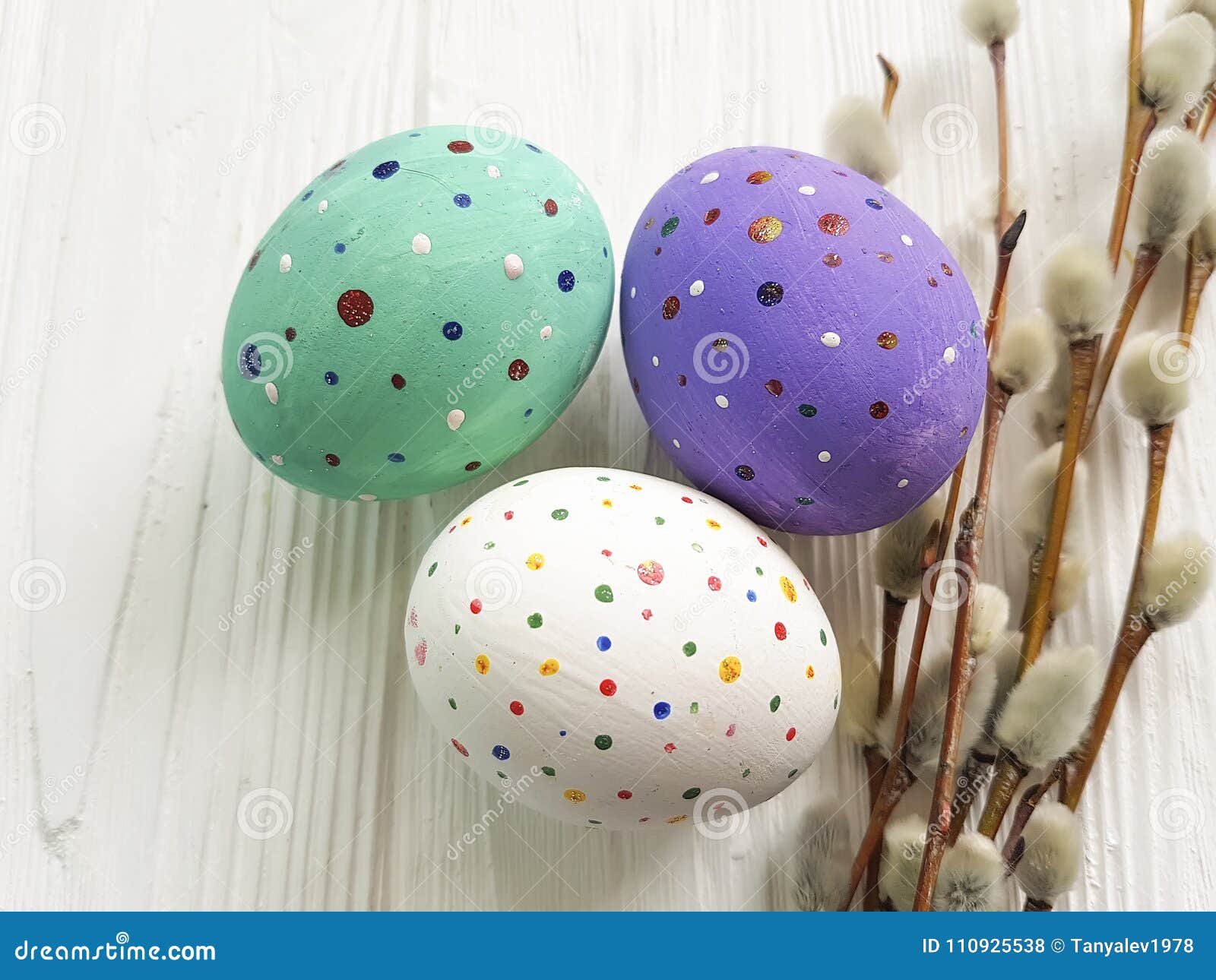 easter eggs willow rustic on white wooden festive
