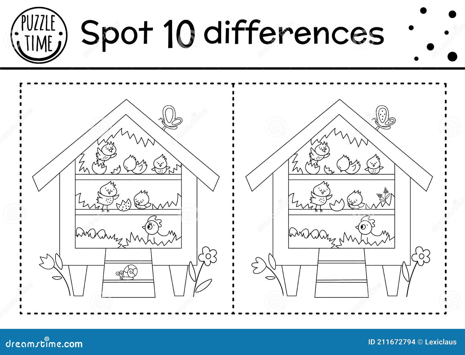 easter find differences game for children. holiday black and white educational activity and coloring page with funny roost with