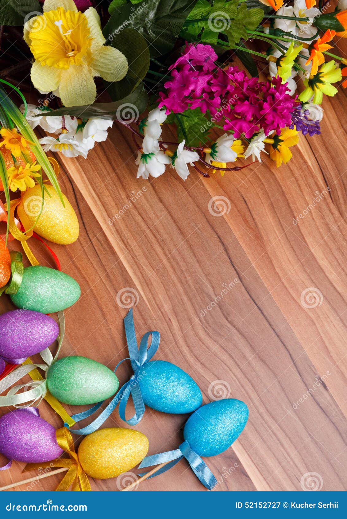 Easter Flower Arrangement and Colorful Eggs on Stock Image Image of