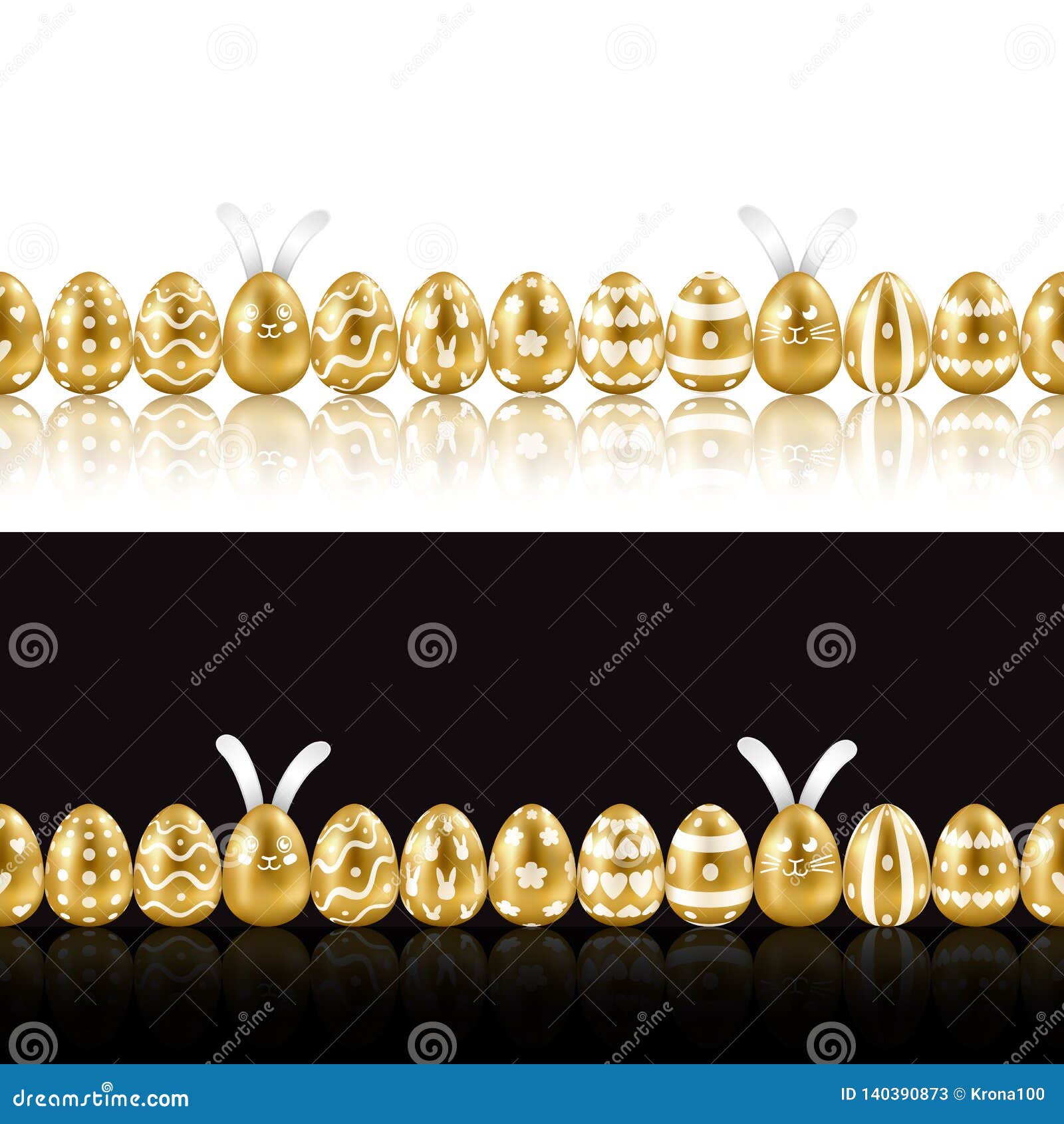 Easter Gold Eggs and Rabbits Horizon Seamless Borders Set Stock