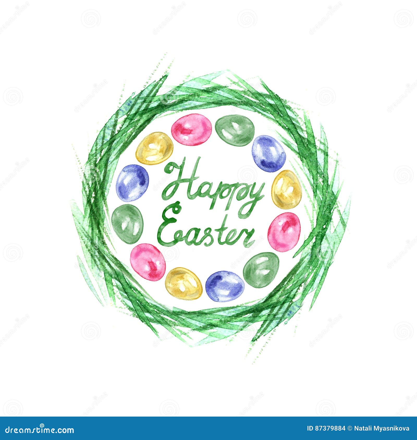 Easter Grass Wreath. Circle Border. Watercolor on White Background