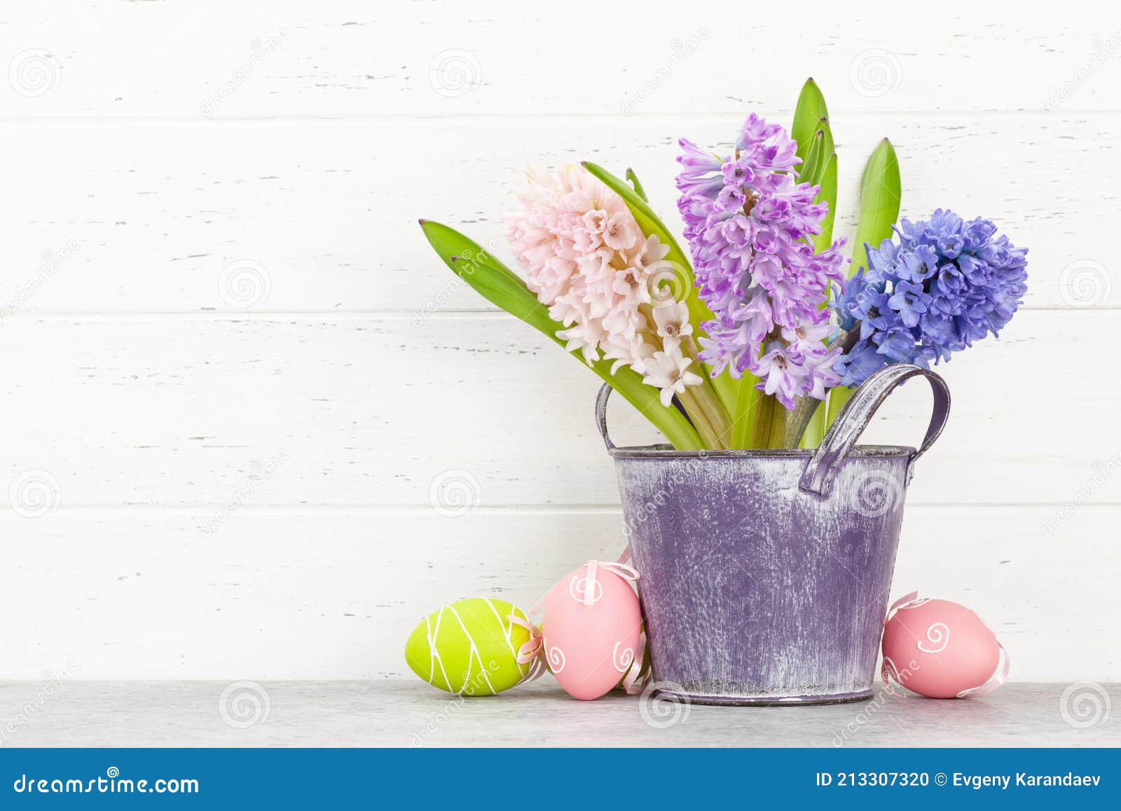 Easter Greeting Card with Easter Eggs and Hyacinth Flowers Stock Photo ...