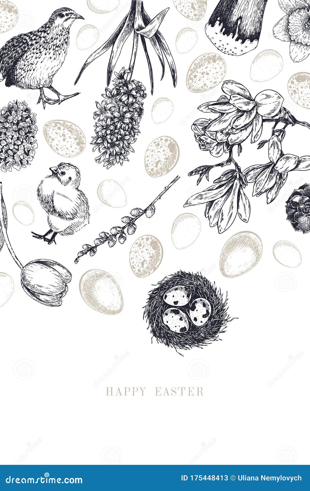easter greeting card. hand drawn  banner. egg, nest, cake, willow branch, quail, hydrangea, tulip, magnolia