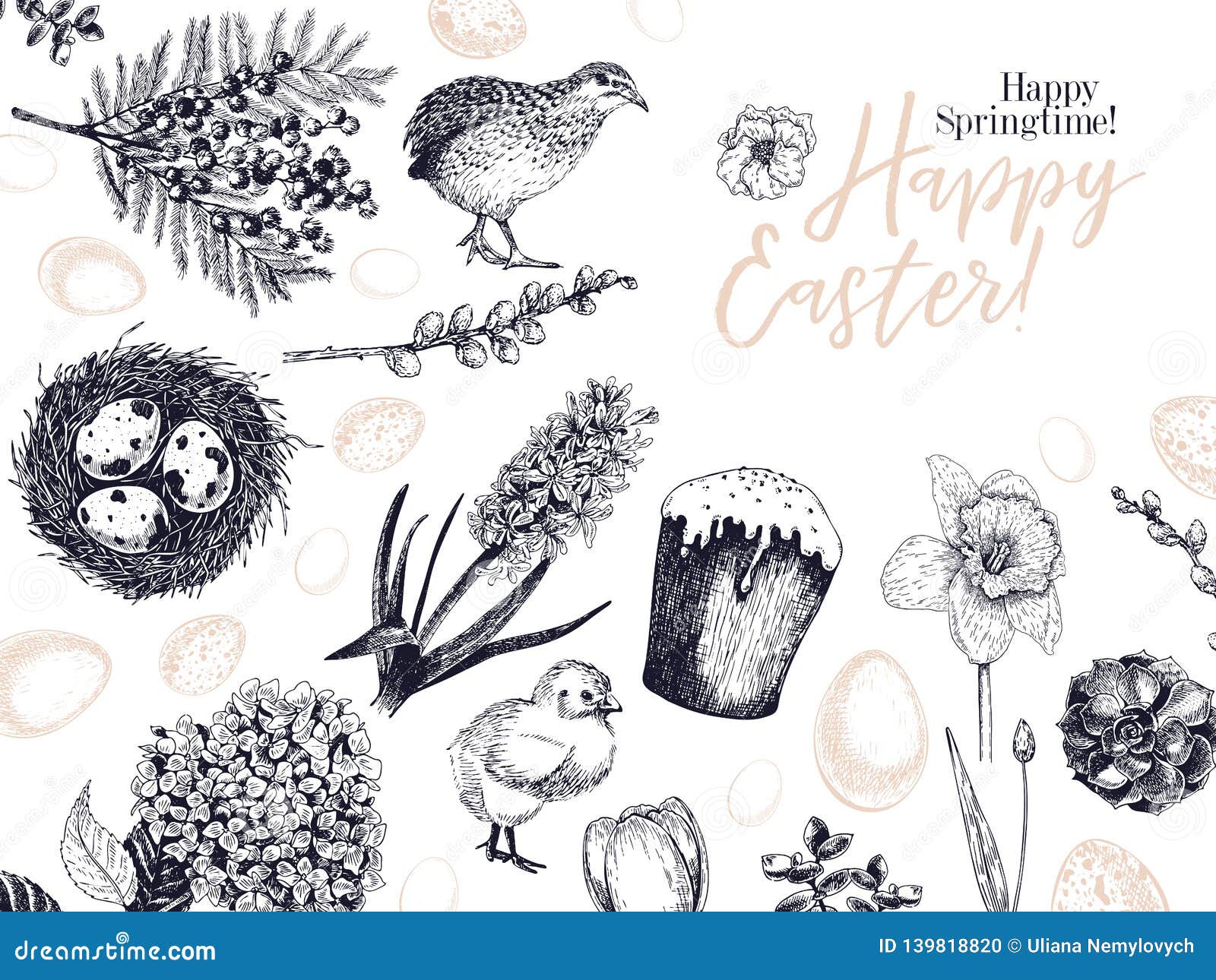 easter greeting card. hand drawn  banner. eggs, nest, cake, willow branch, quail, hydrangea, tulip, mimosa