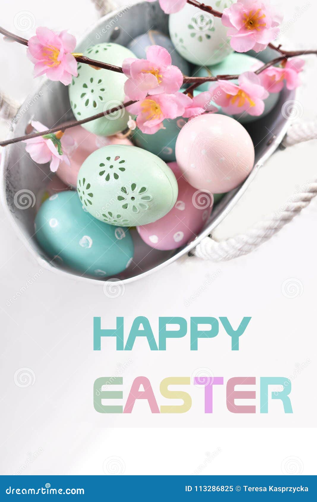 Easter Greeting Card with Text and Colorful Eggs in Metal Basket Stock ...