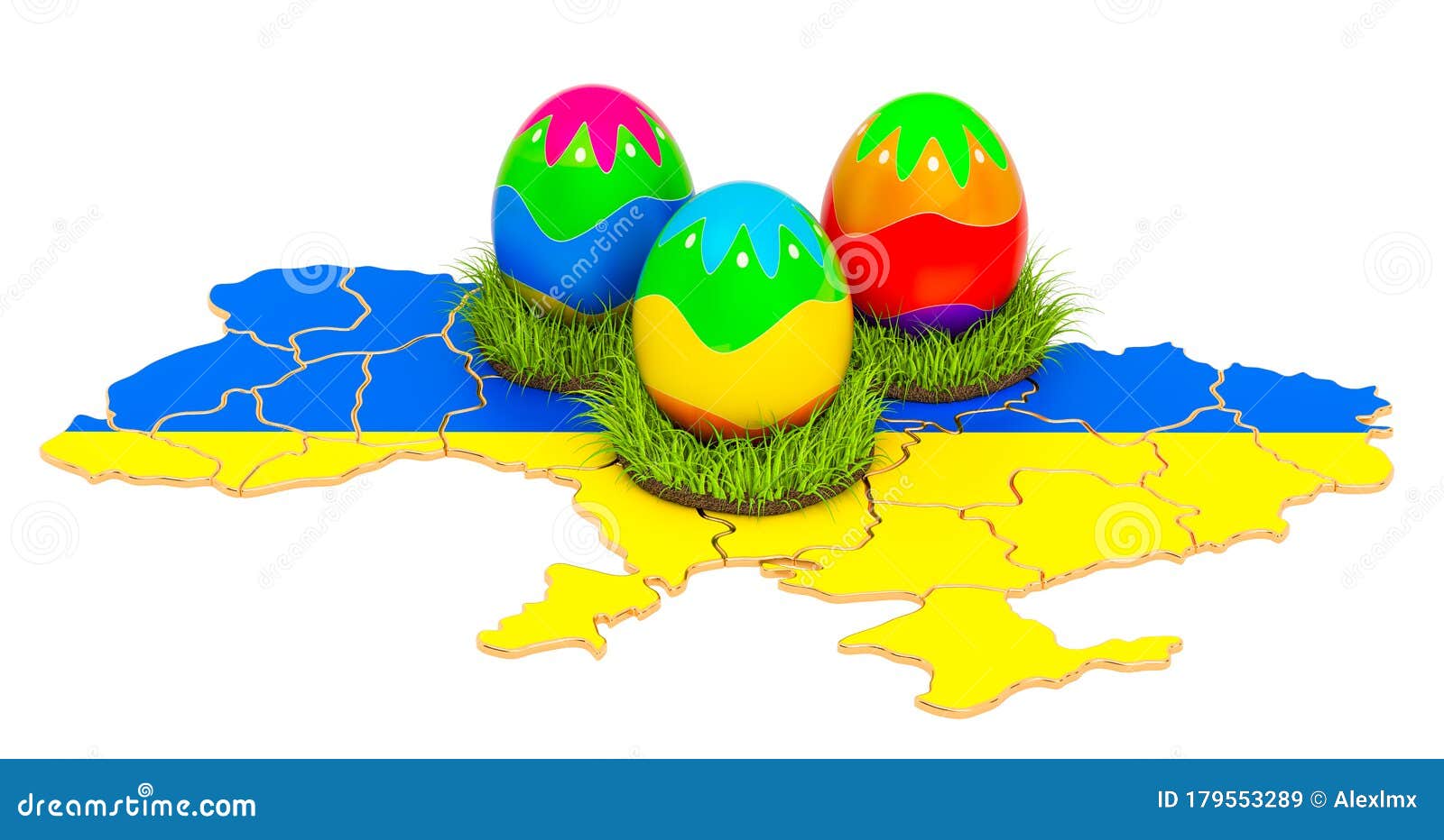 Easter Holiday in Ukraine, Easter Eggs on the Ukrainian Map. 3D