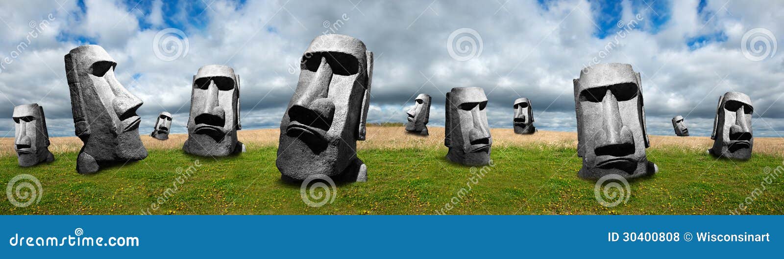 easter island statues, abstract panoramic or panorama banner
