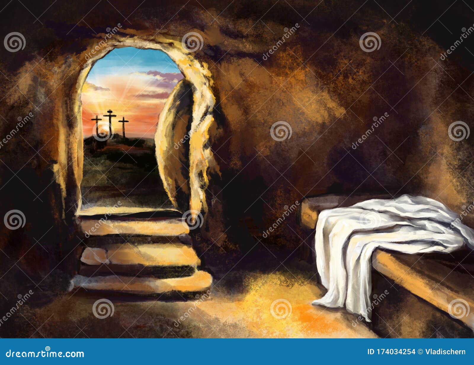 easter jesus christ rose from the dead. sunday morning. dawn. the empty tomb in the background of the crucifixion. happy