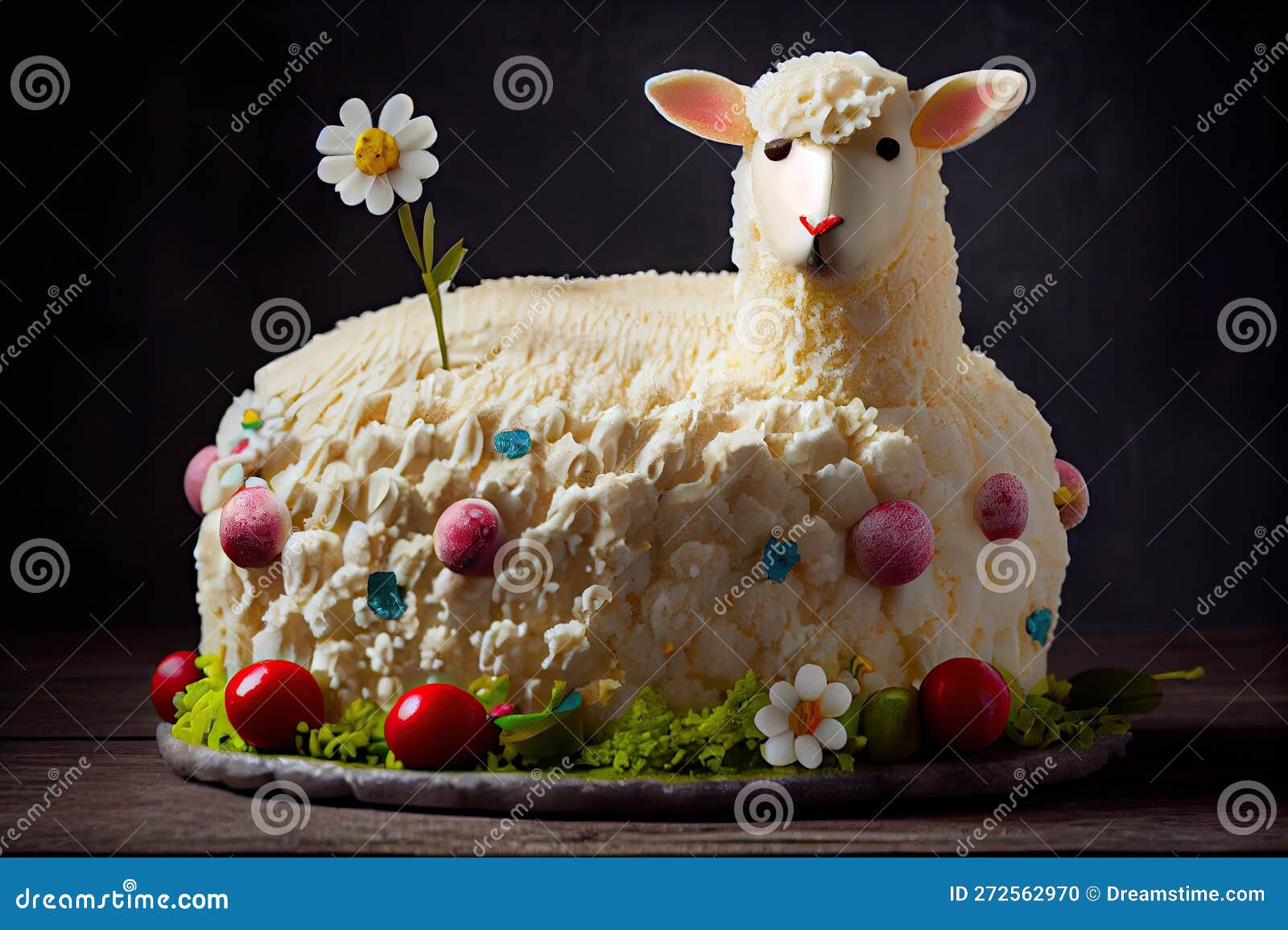 Easter Lamb Cake with Snowwhite Fluffy Whipped Cream and Cherry Decorations Stock Illustration