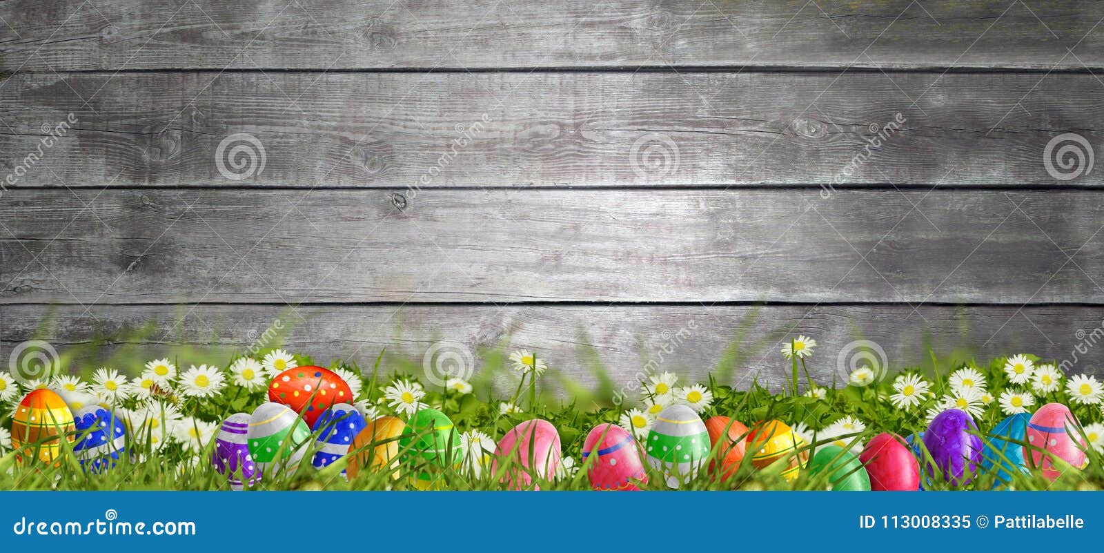 Easter - Meadow with Easter Eggs and Wood Background Stock Image ...