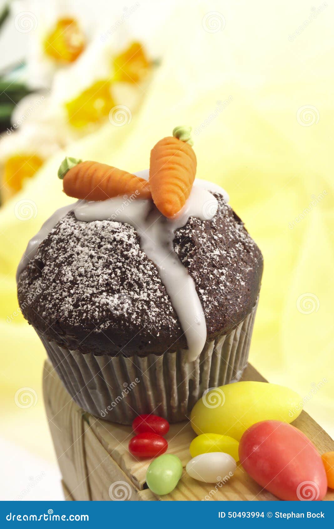 Easter Pastry, Chocolate Muffin with Carrots from Marzipan, Sugar Eggs