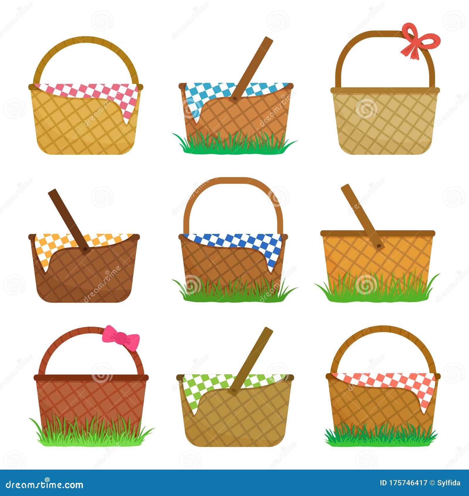 Easter or Picnic Baskets, Set of Straw Baskets on the Grass and with
