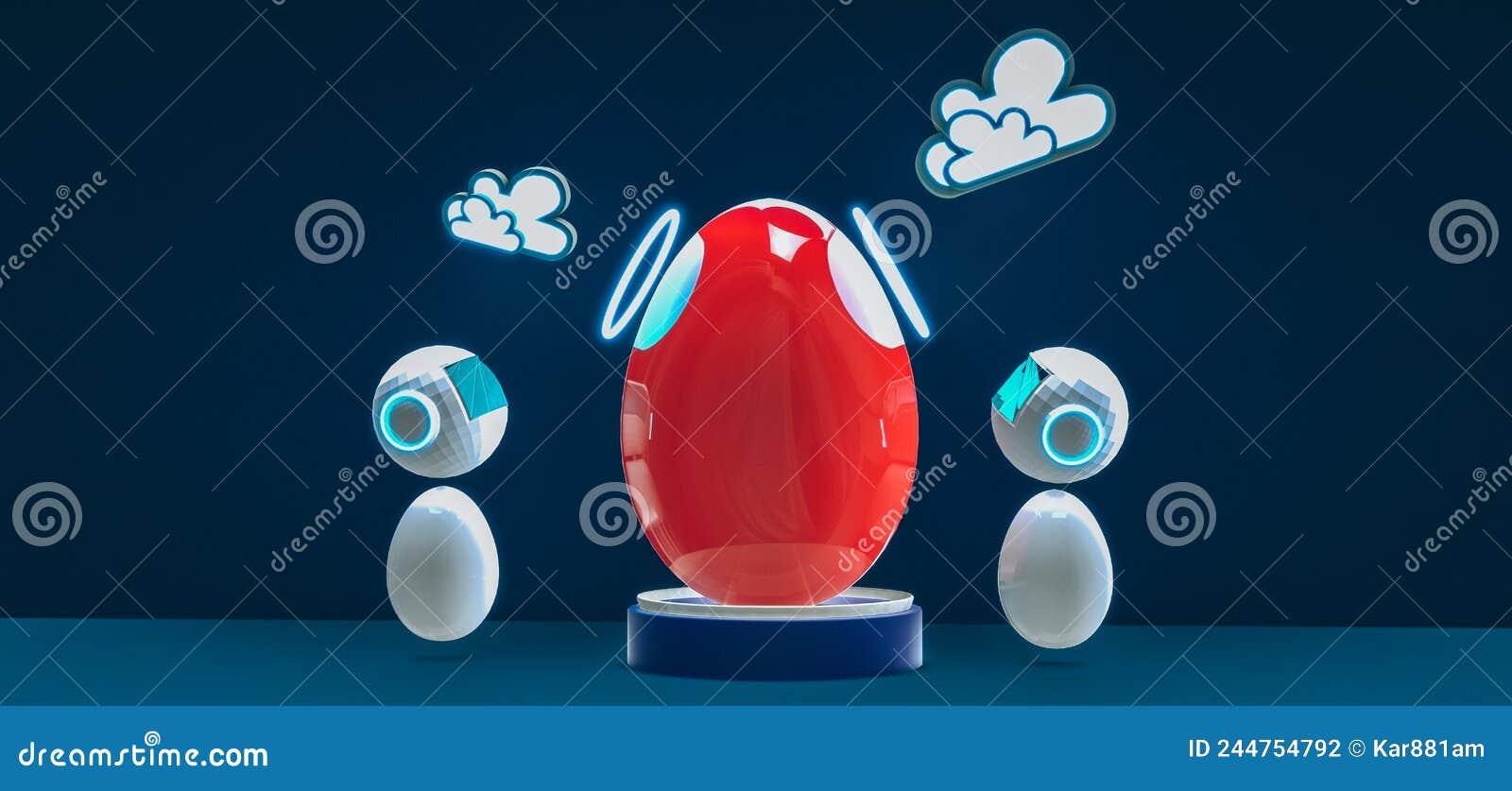 Easter Poster and Banner, Background with Little Robot Eggs. 3D Work