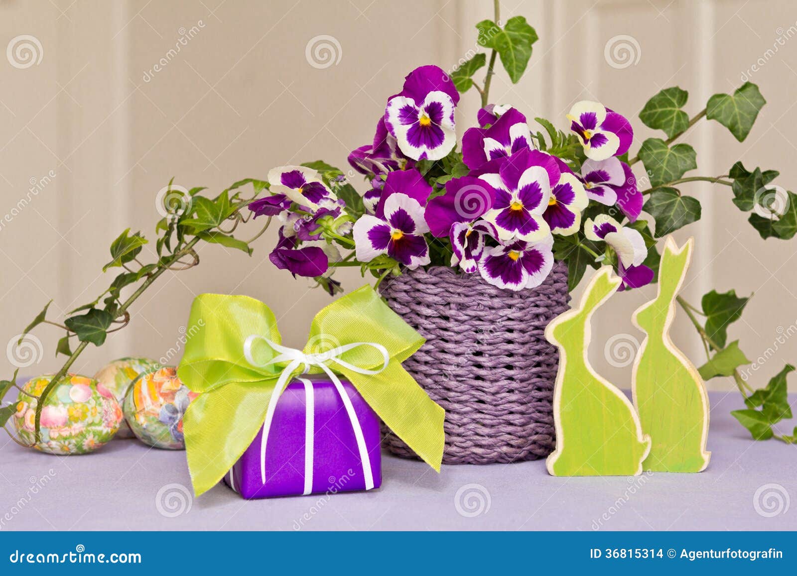 Easter Present, Eggs, Bunnies, Bouquet Stock Photo Image of green
