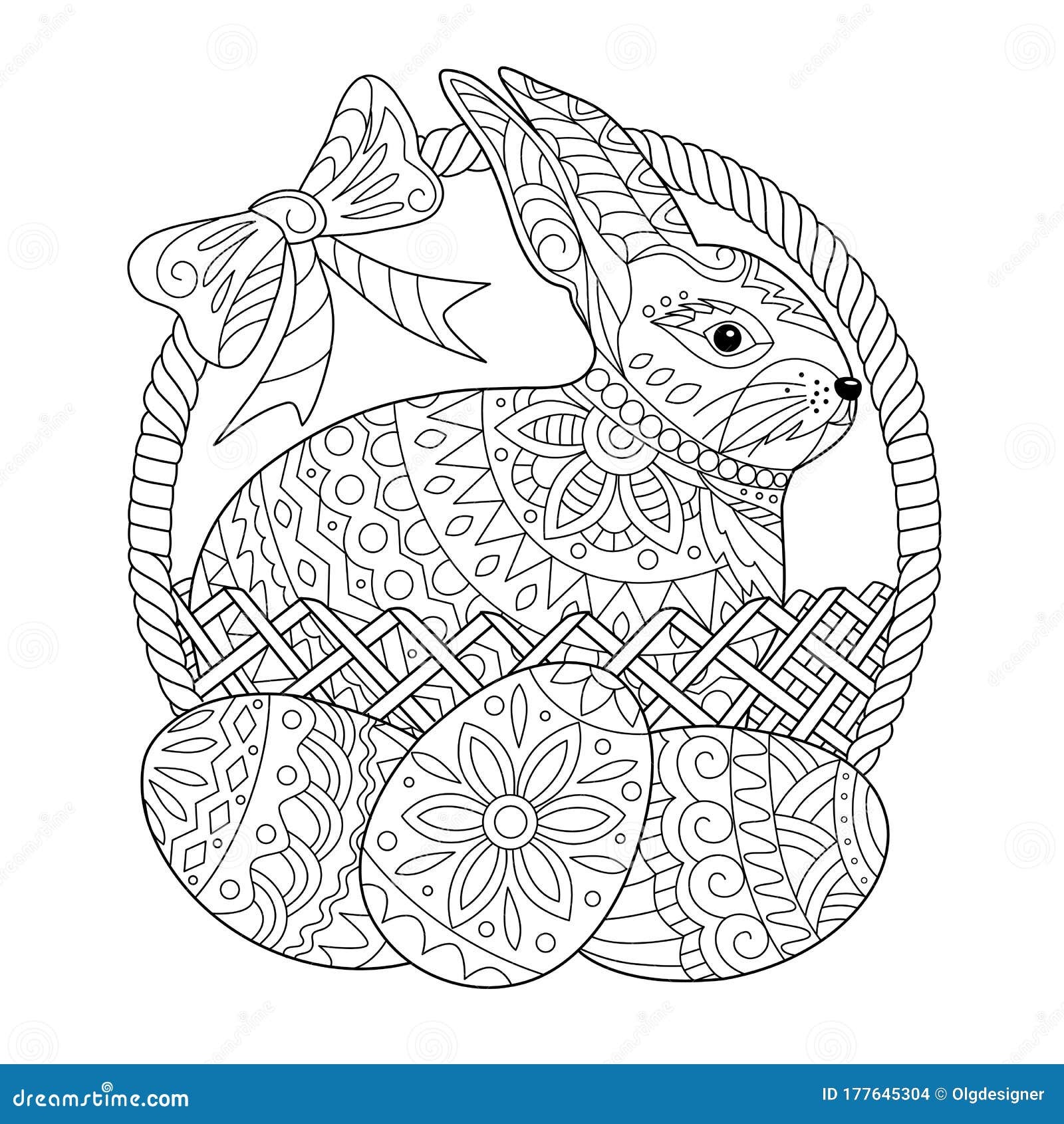 Easter Rabbit in Basket and Egg Coloring Page for Adult and Children