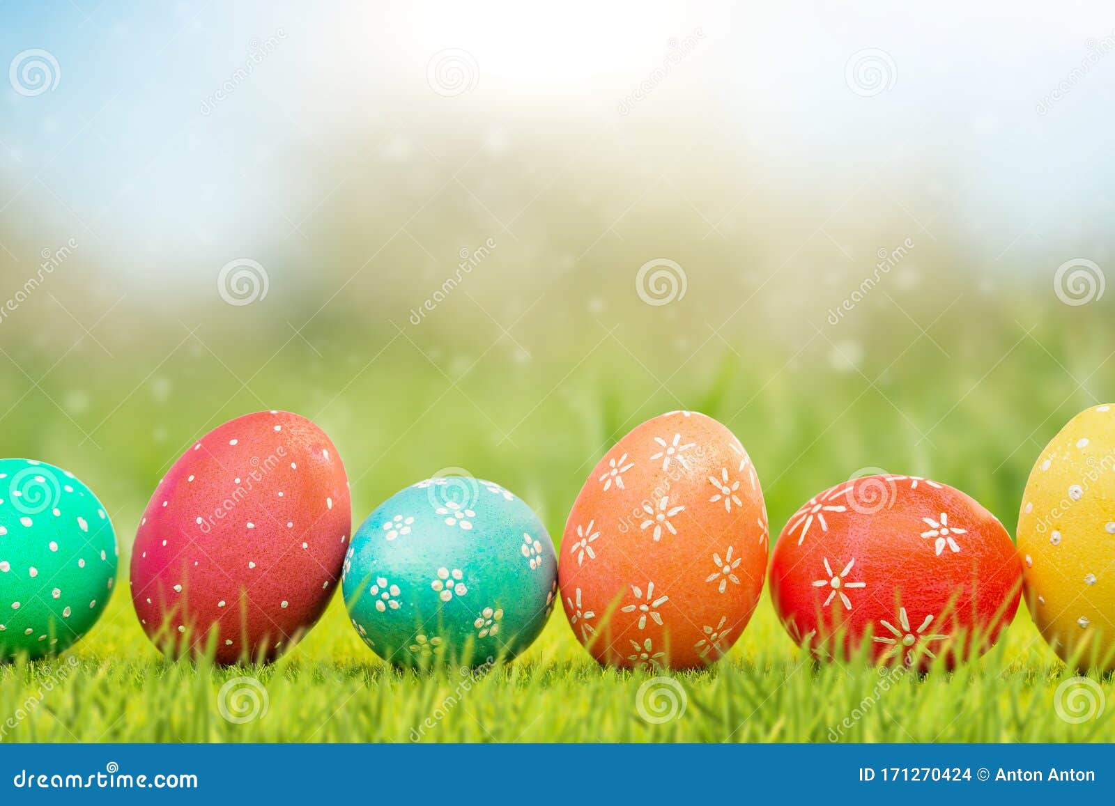 Easter Screensaver, a Row of Easter Eggs on the Green Grass Stock Photo Image of background