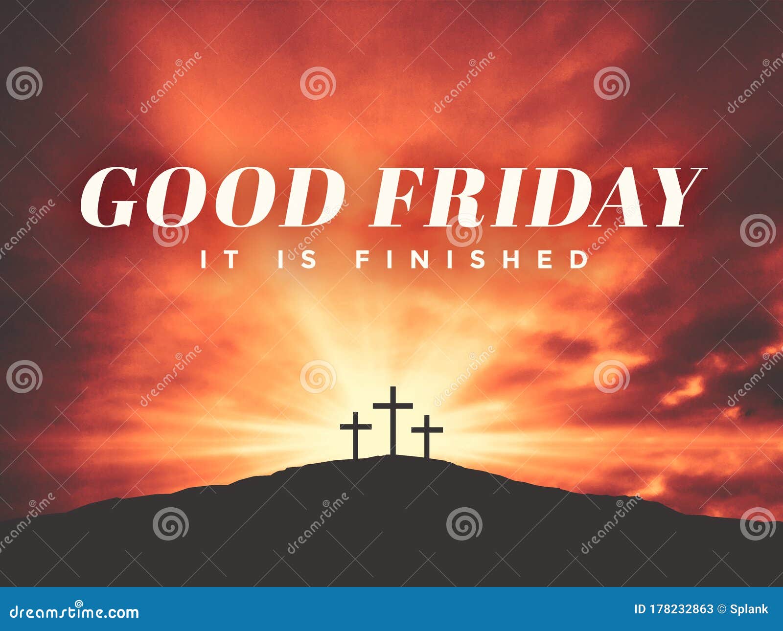 easter season good friday it is finished text with three christian crosses on hill of calvary with sun and clouds in sky