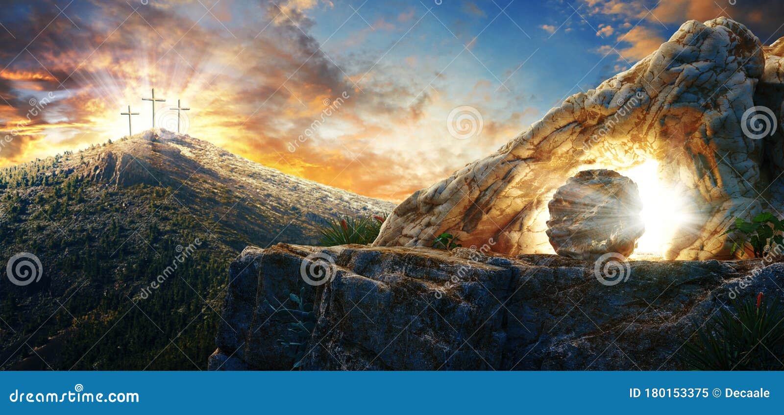 high resolution. easter sunday concept: empty tomb stone with cross on meadow sunrise background. 3d rendering