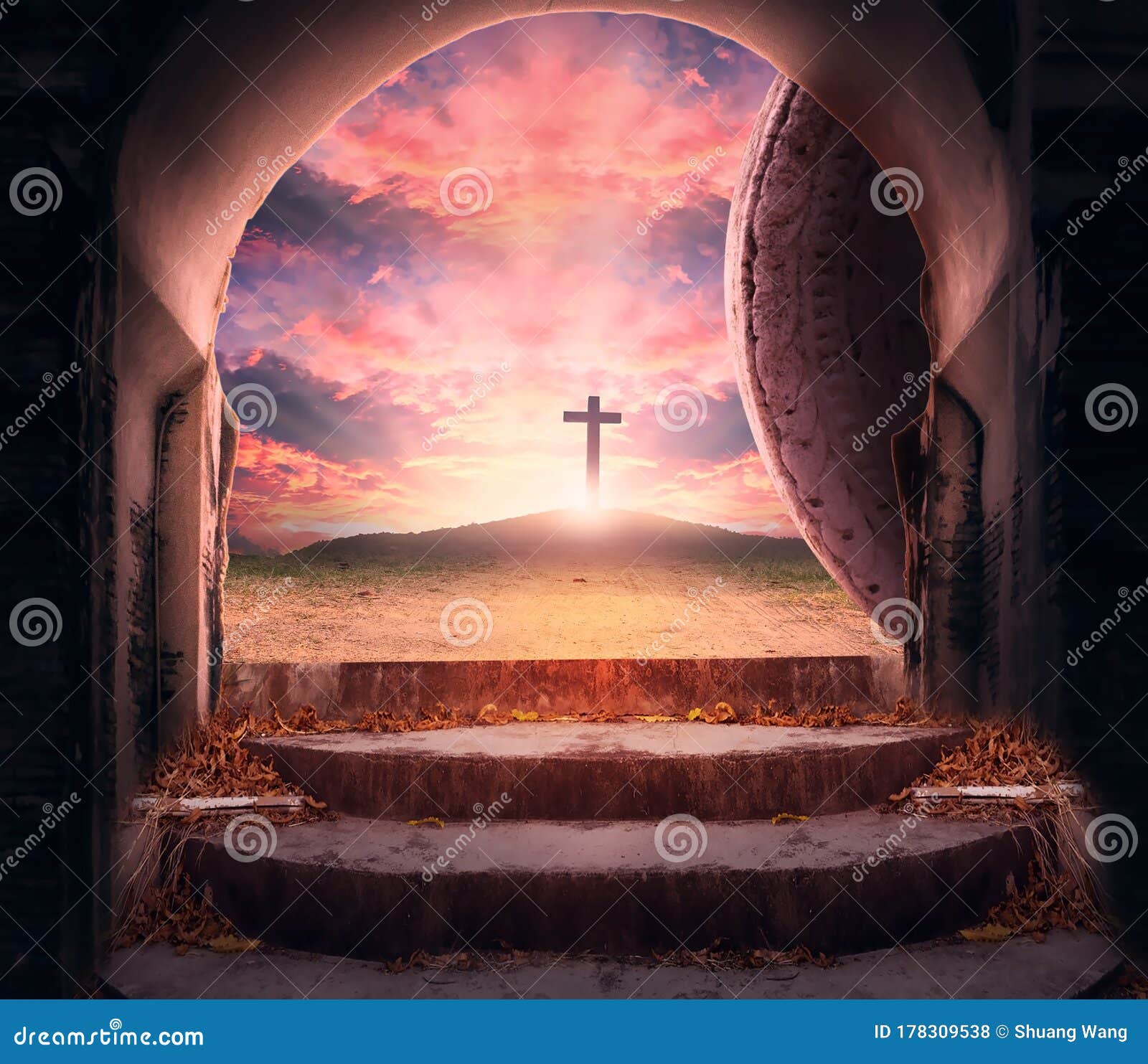 Easter Sunday Concept Tomb Empty With Cross On Sunset Background Stock Photo Image Of Cross Dawn 178309538