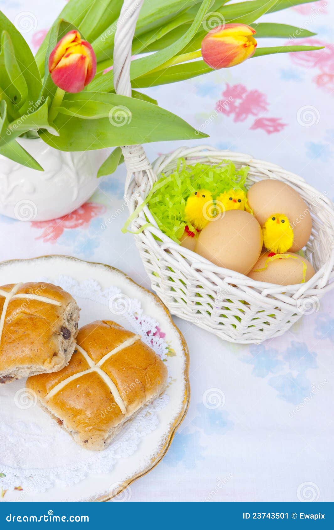 Easter Table, Basket, Eggs and Hot Cross Buns Stock Image Image of