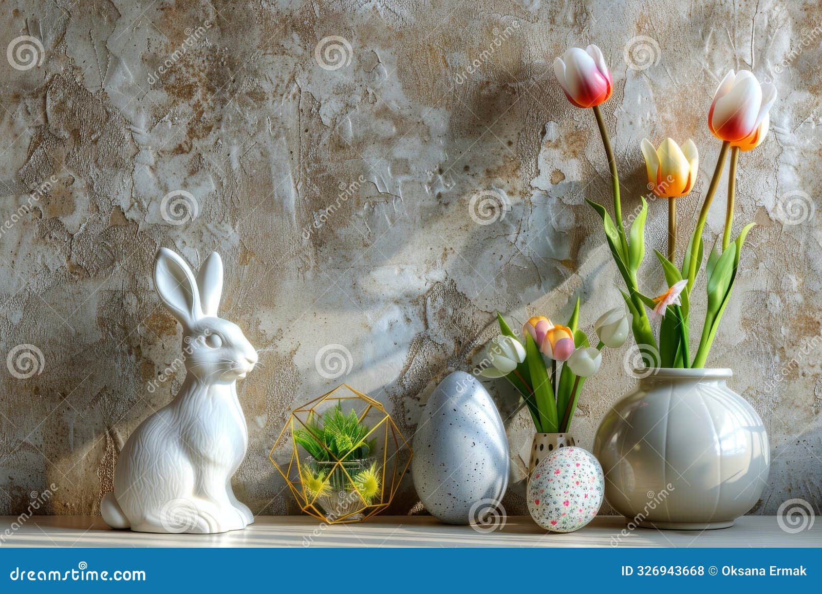 easter table decorated, colorful eggs and easter bunny celebration 