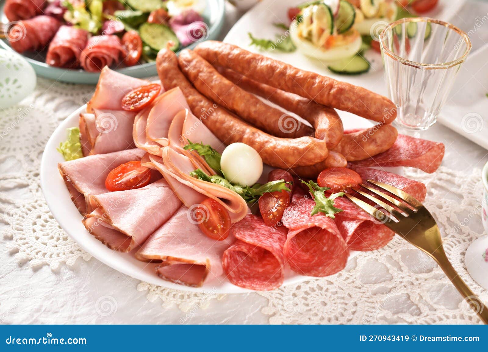 Easter Table with a Platter of Ham and Sausages Stock Image Image of