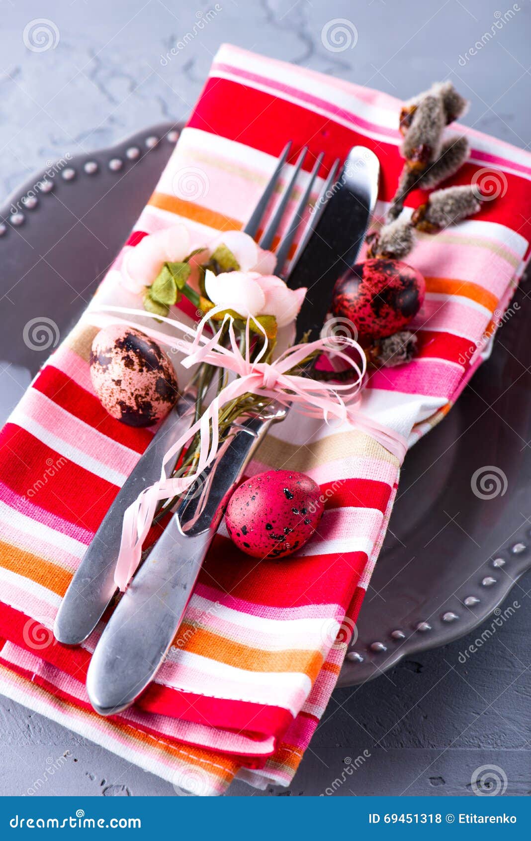 Easter Table Setting with Eggs and Willow Branch Stock Photo - Image of ...