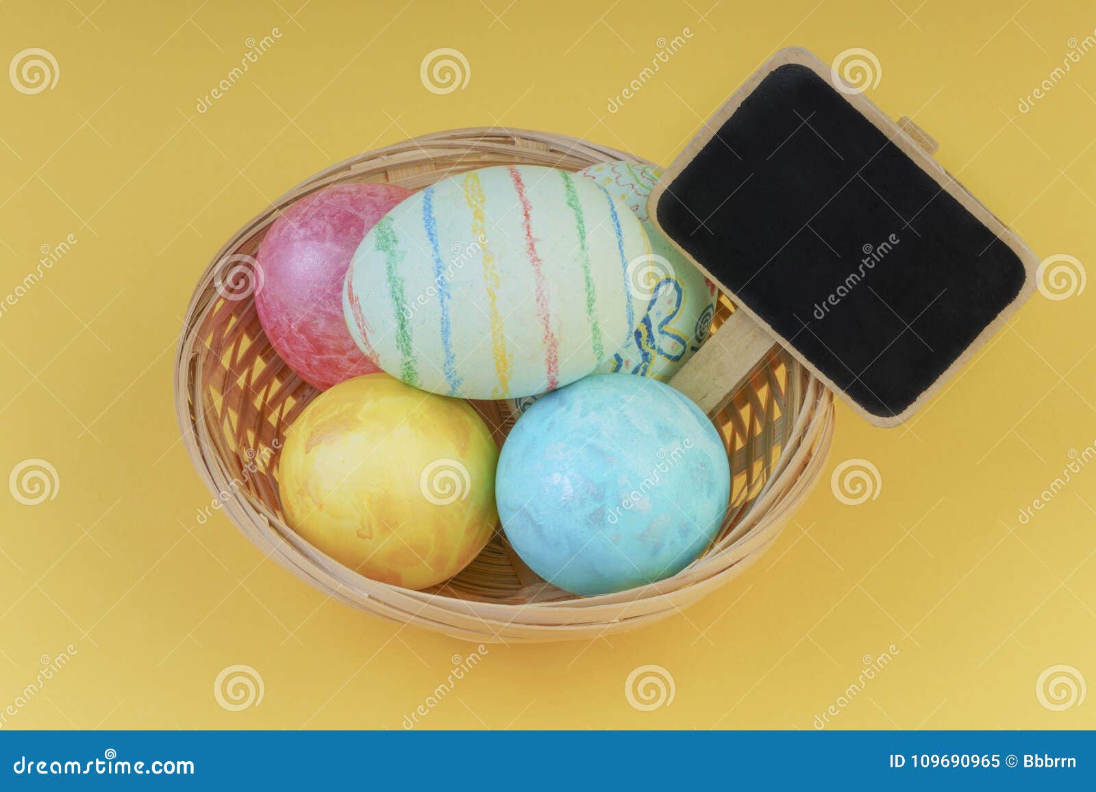 Easter Template with Colorful Eggs and Chalkboard on Yellow Stock Image ...