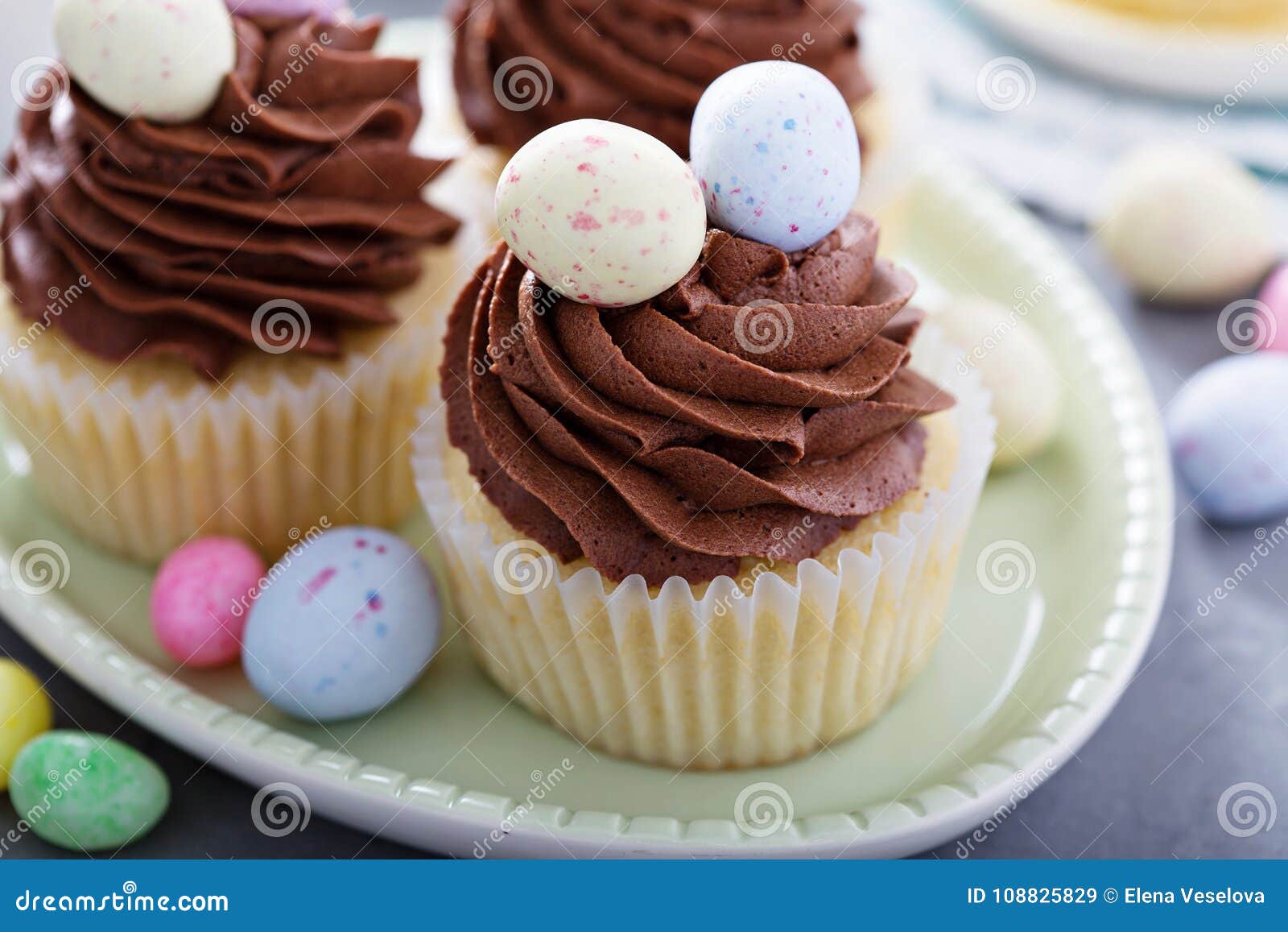 Easter Vanilla Cupcakes with Chocolate Frosting Stock Image Image of