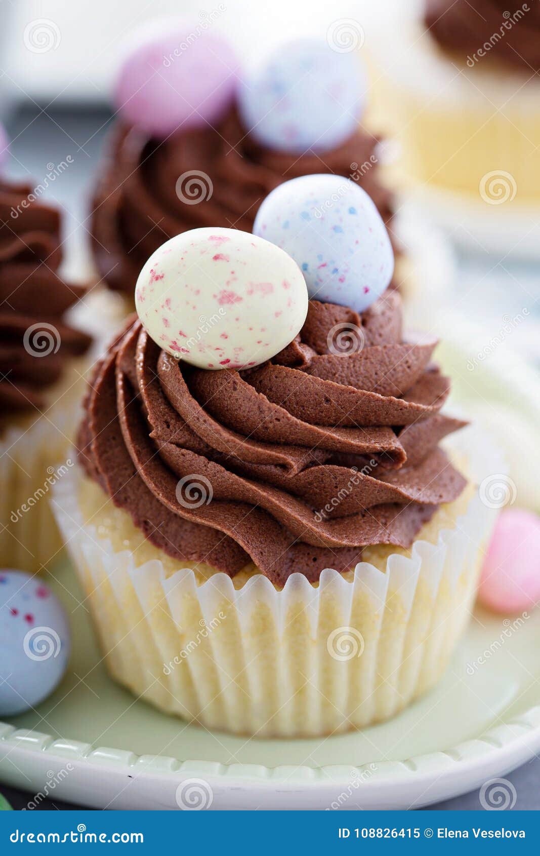 Easter Vanilla Cupcakes with Chocolate Frosting Stock Image Image of