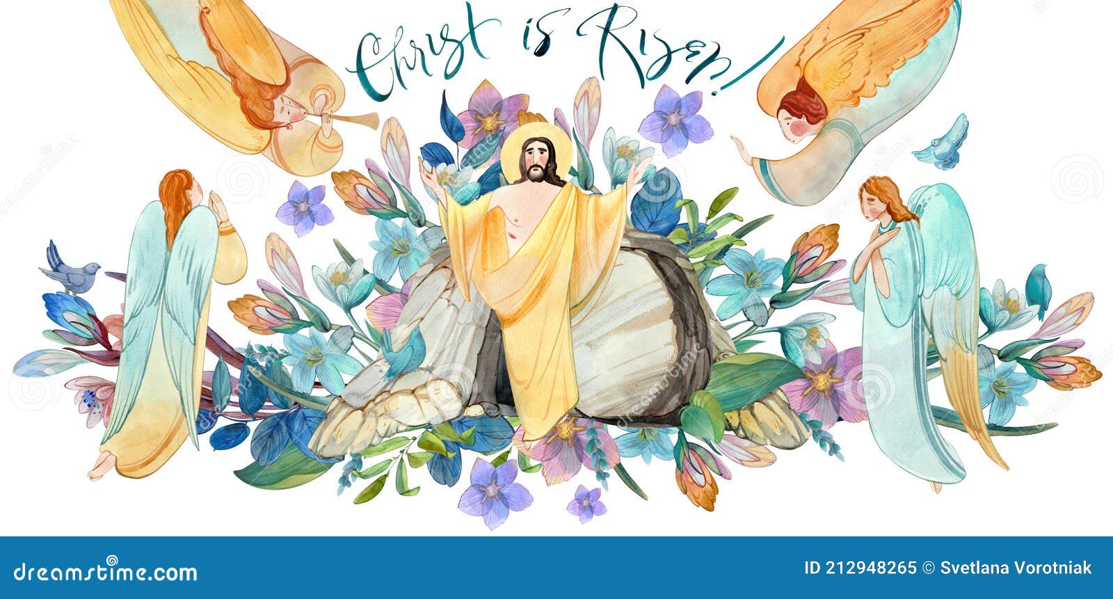 easter watercolor : cave, risen jesus christ blesses, angels, flower wreath, inscription `christ is risen!` easter c