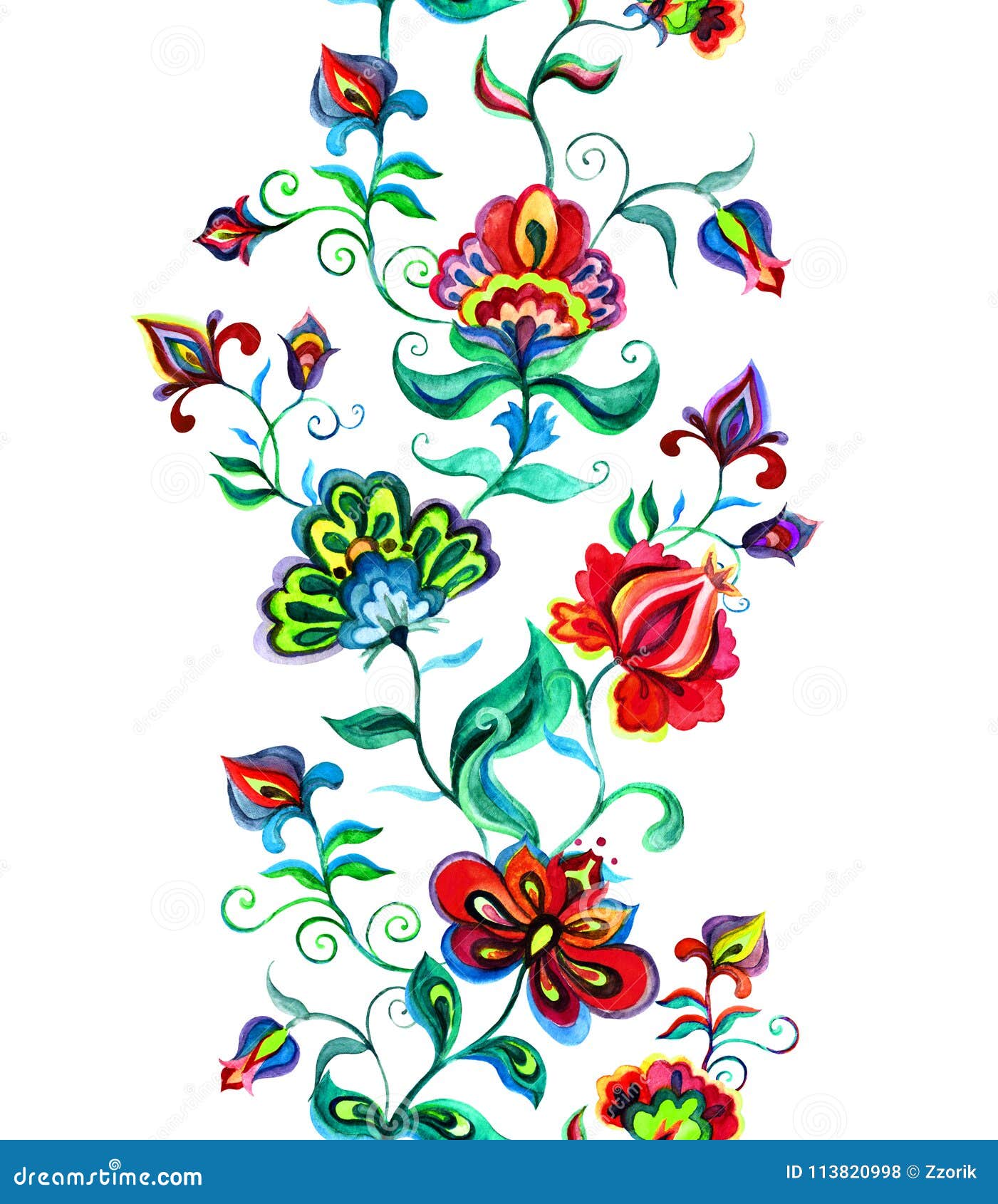 eastern european floral decor - decorative flowers at dark background. seamless floral border. watercolor stripe