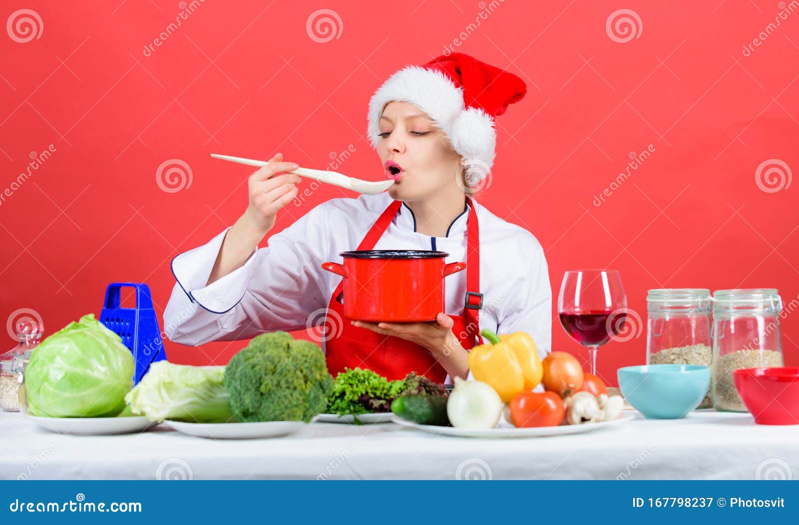 Easy Ideas for Christmas Party. Woman Chef Santa Hat Cooking Hold ...