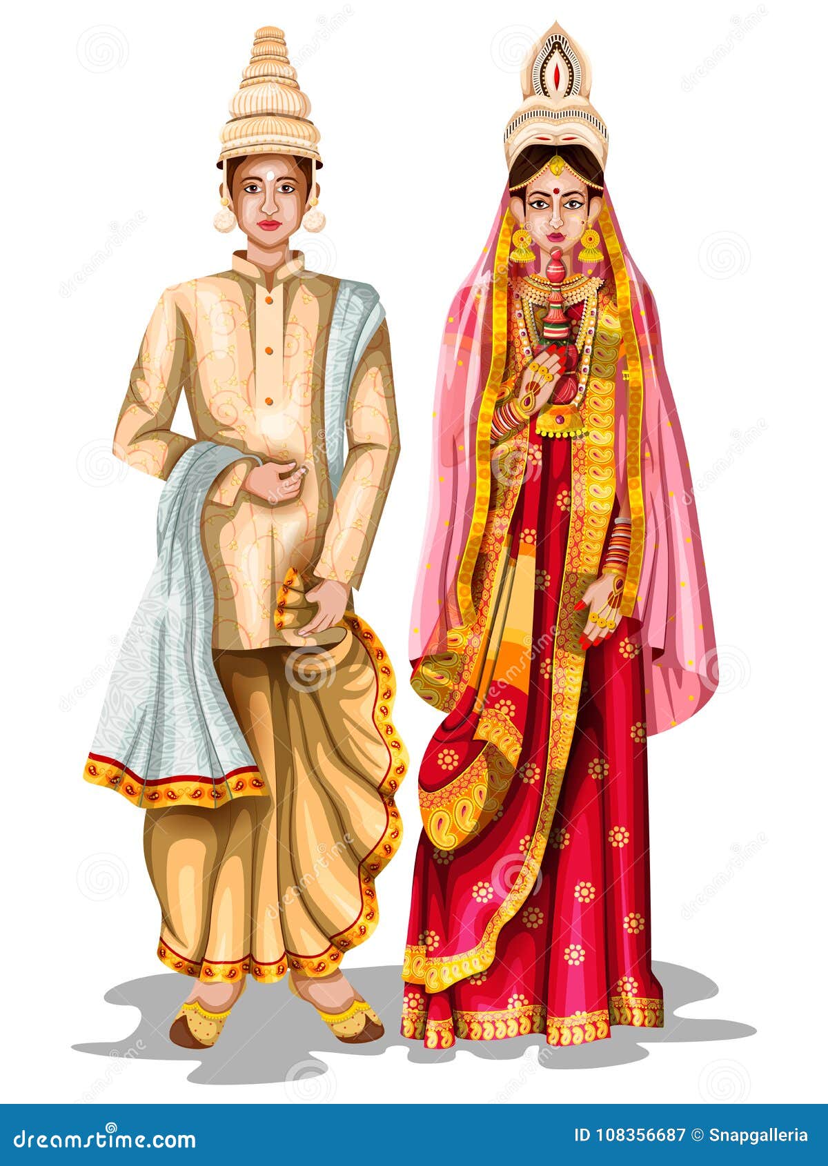 Bengali Wedding Couple in Traditional Costume of West Bengal, India