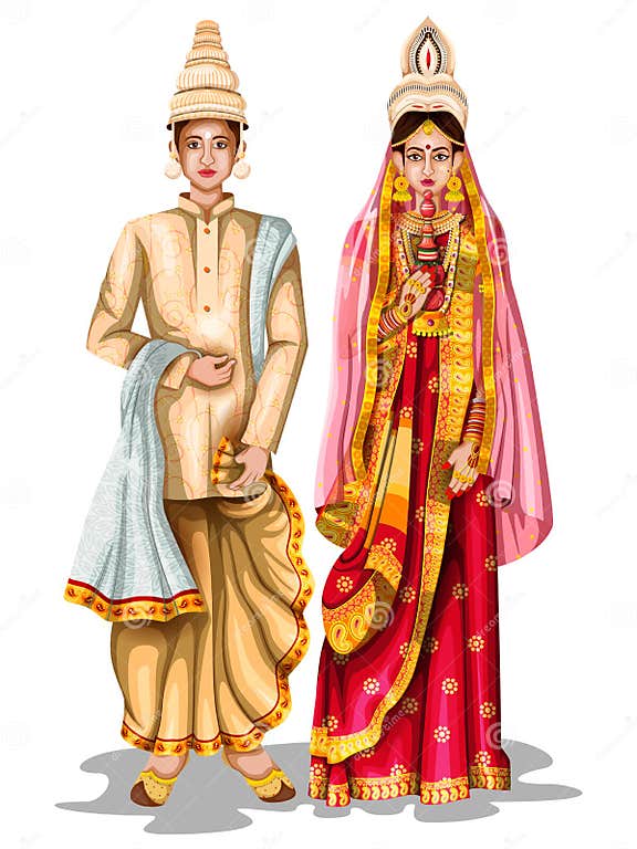 Bengali Wedding Couple In Traditional Costume Of West Bengal India 