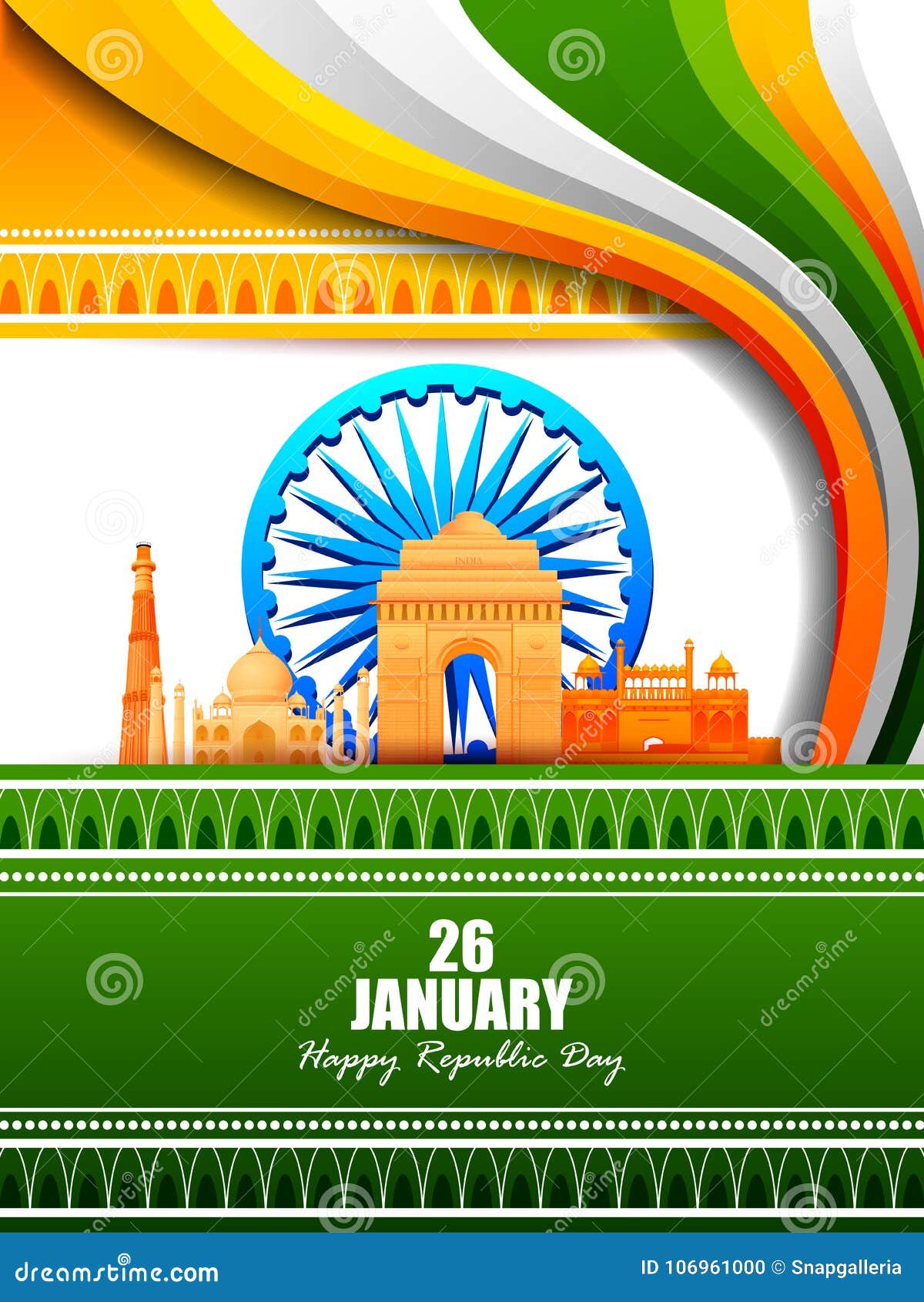 Happy Republic Day of India Tricolor Famous Monument Background for 26  January Stock Vector - Illustration of orange, concept: 106961000