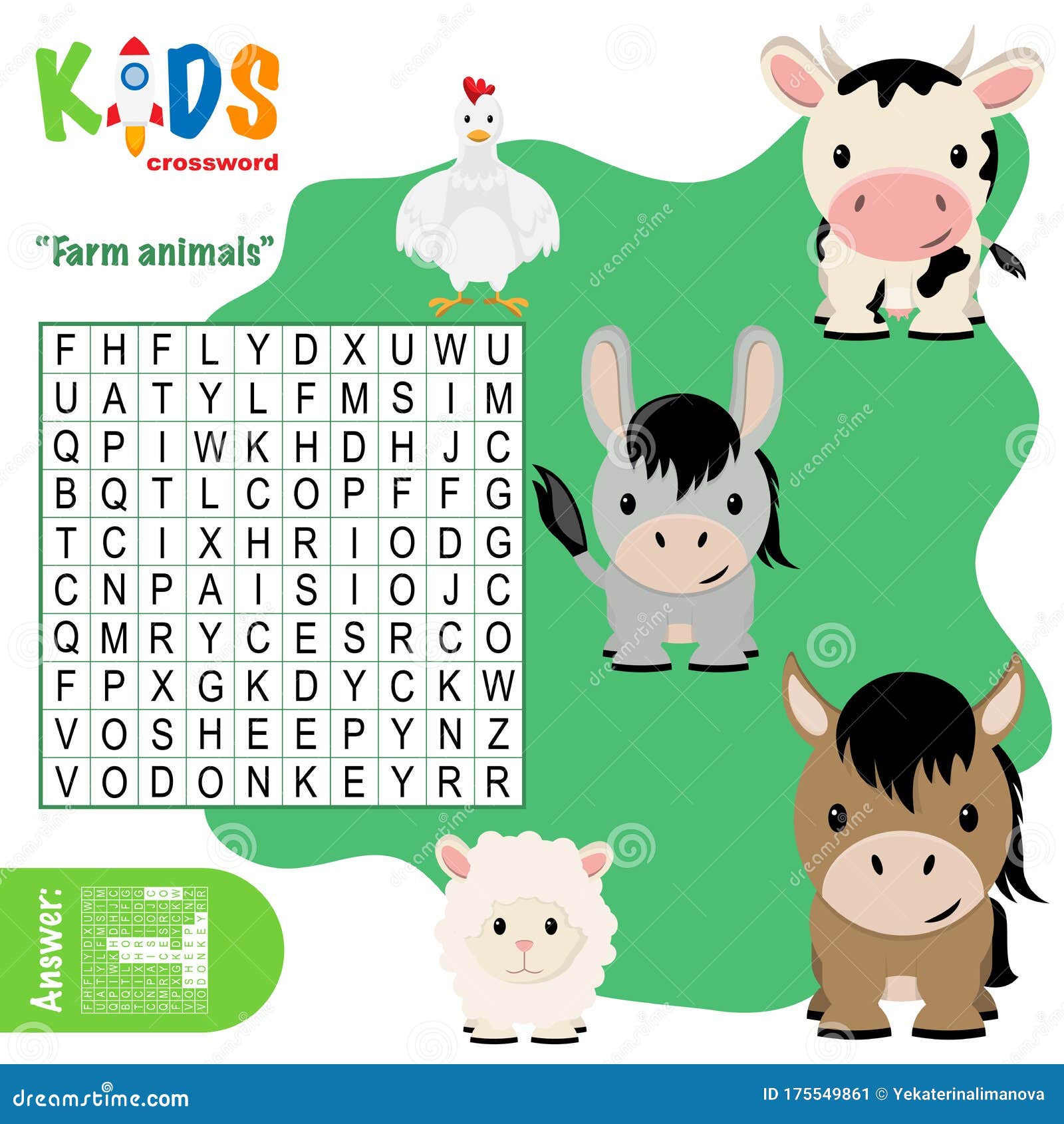 Easy Word Search Crossword Puzzle `Farm Animals` Stock Vector -  Illustration of kids, creativity: 175549861
