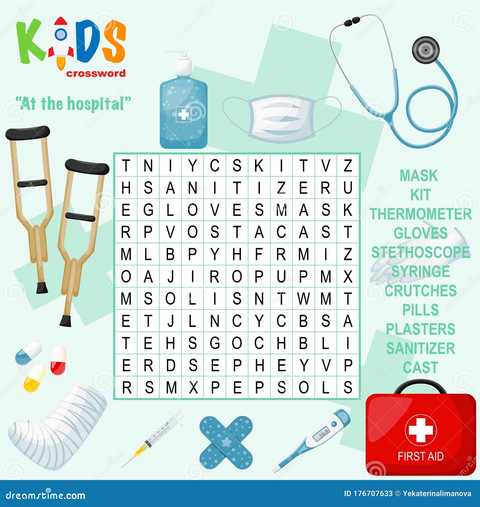 Easy Word Search Crossword Puzzle `At The Hospital` Stock Vector