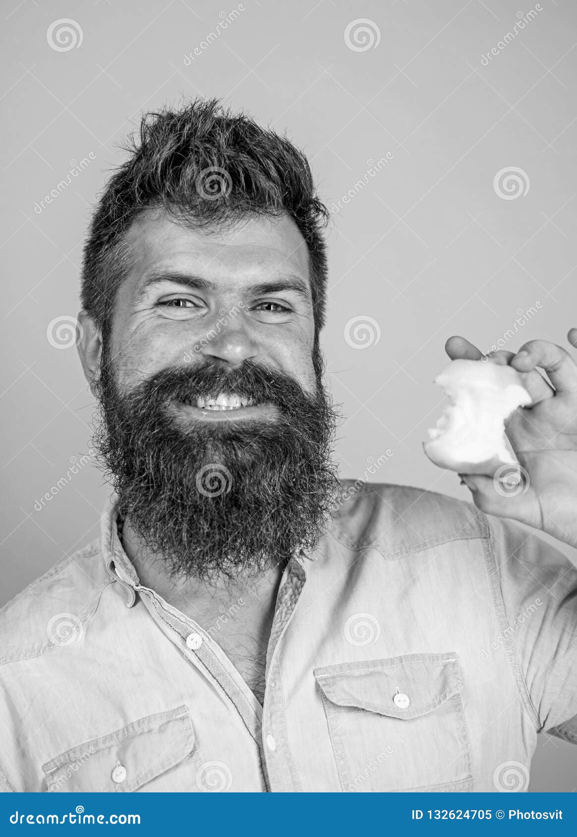 Eat Apple Every Day. Man Handsome Hipster Long Beard Eating Apple ...