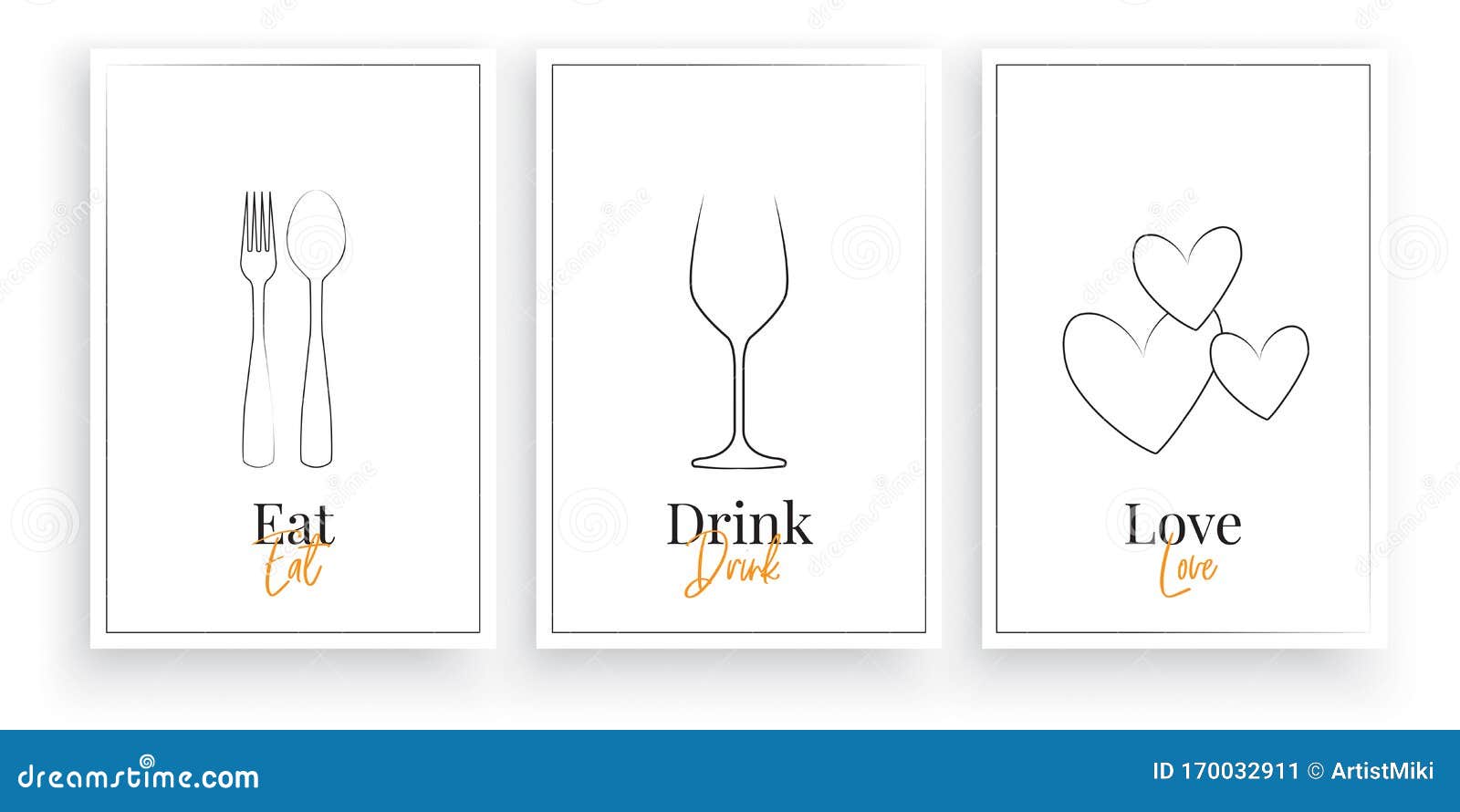 eat, drink, love. scandinavian minimalist art , three pieces poster , . fork and spoon, wine glass 