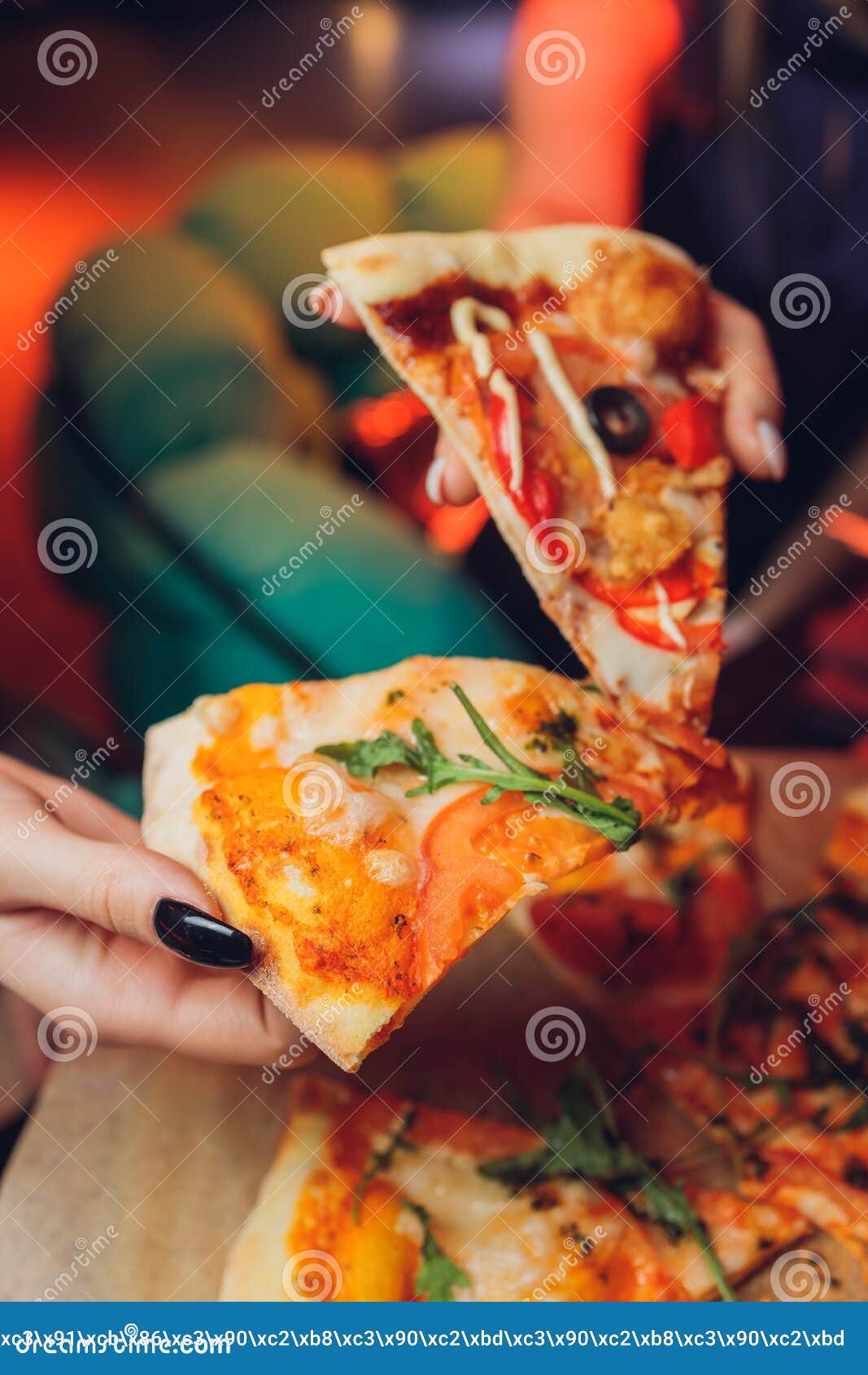 Eating Food Close Up Of People Hands Taking Slices Of Pepperoni Pizza