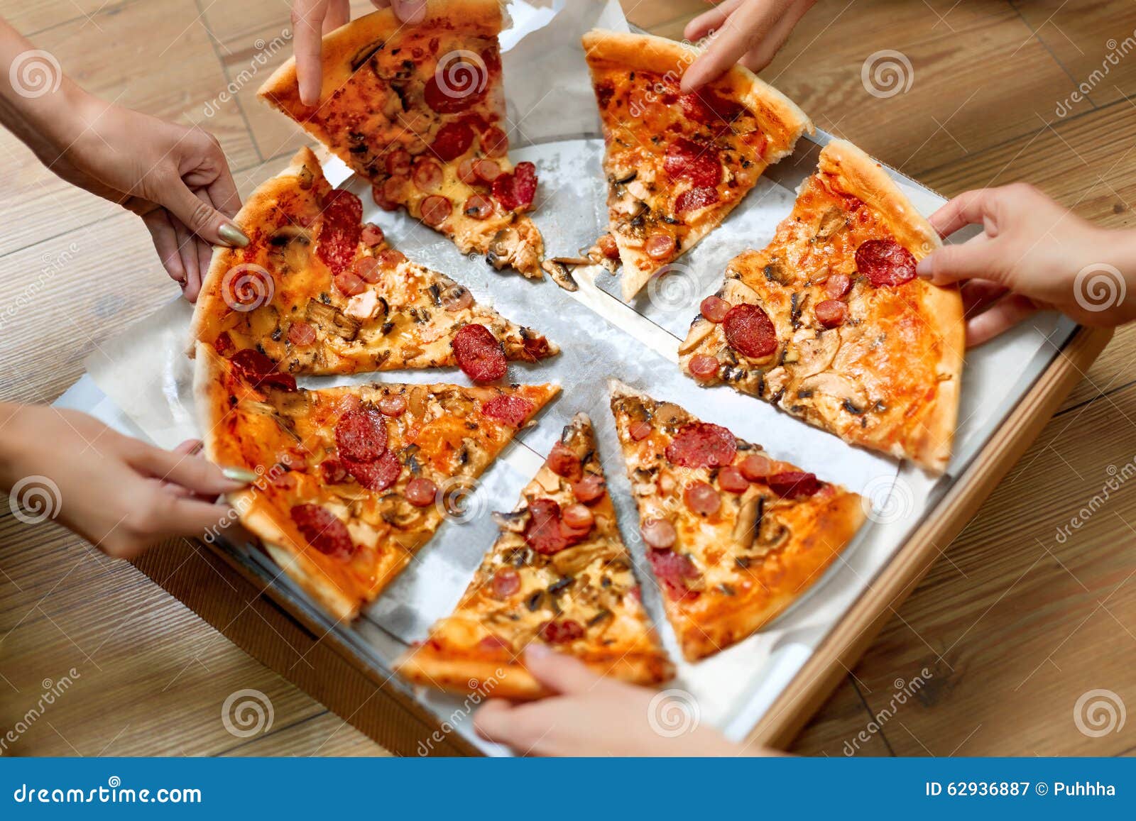 eating food. people taking pizza slices. friends leisure, fast f